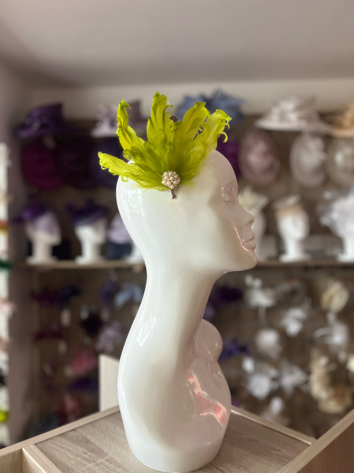 Lime Green Fascinator Clip with Vintage Feathers &amp; Pearls-Fascinators Direct