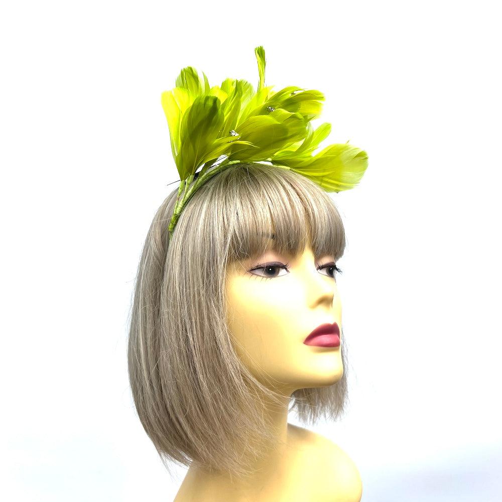 Lime Green Fascinator Headband with Feather Petals & Diamanté-Fascinators Direct
