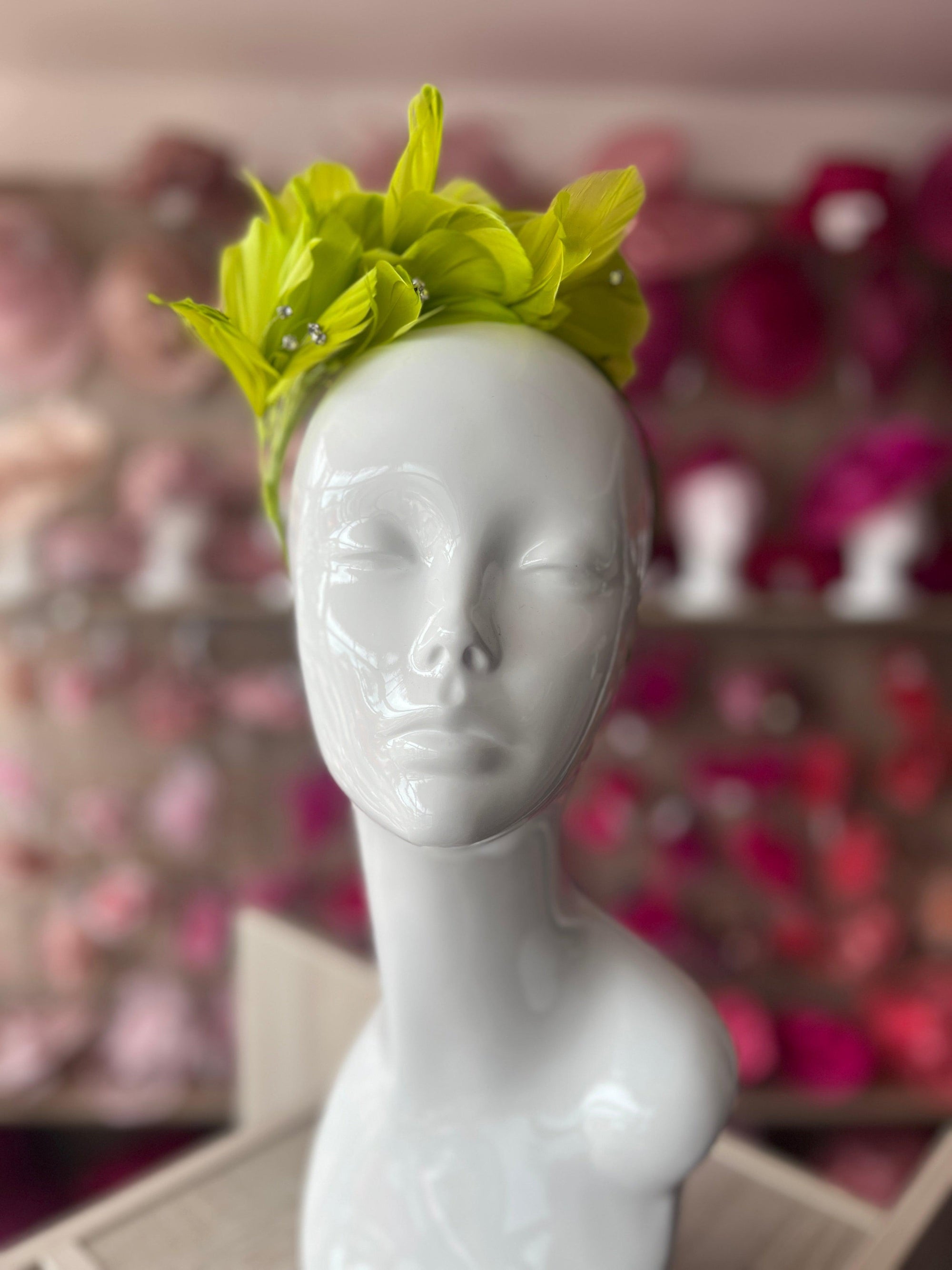 Lime Green Fascinator Headband with Feather Petals & Diamanté-Fascinators Direct