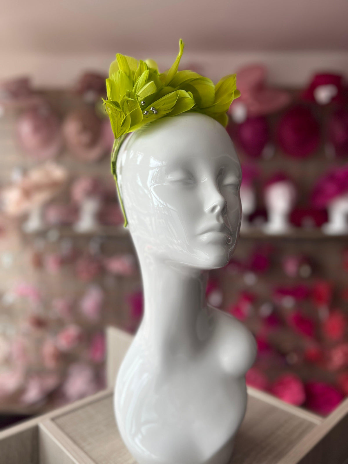 Lime Green Fascinator Headband with Feather Petals &amp; Diamanté-Fascinators Direct