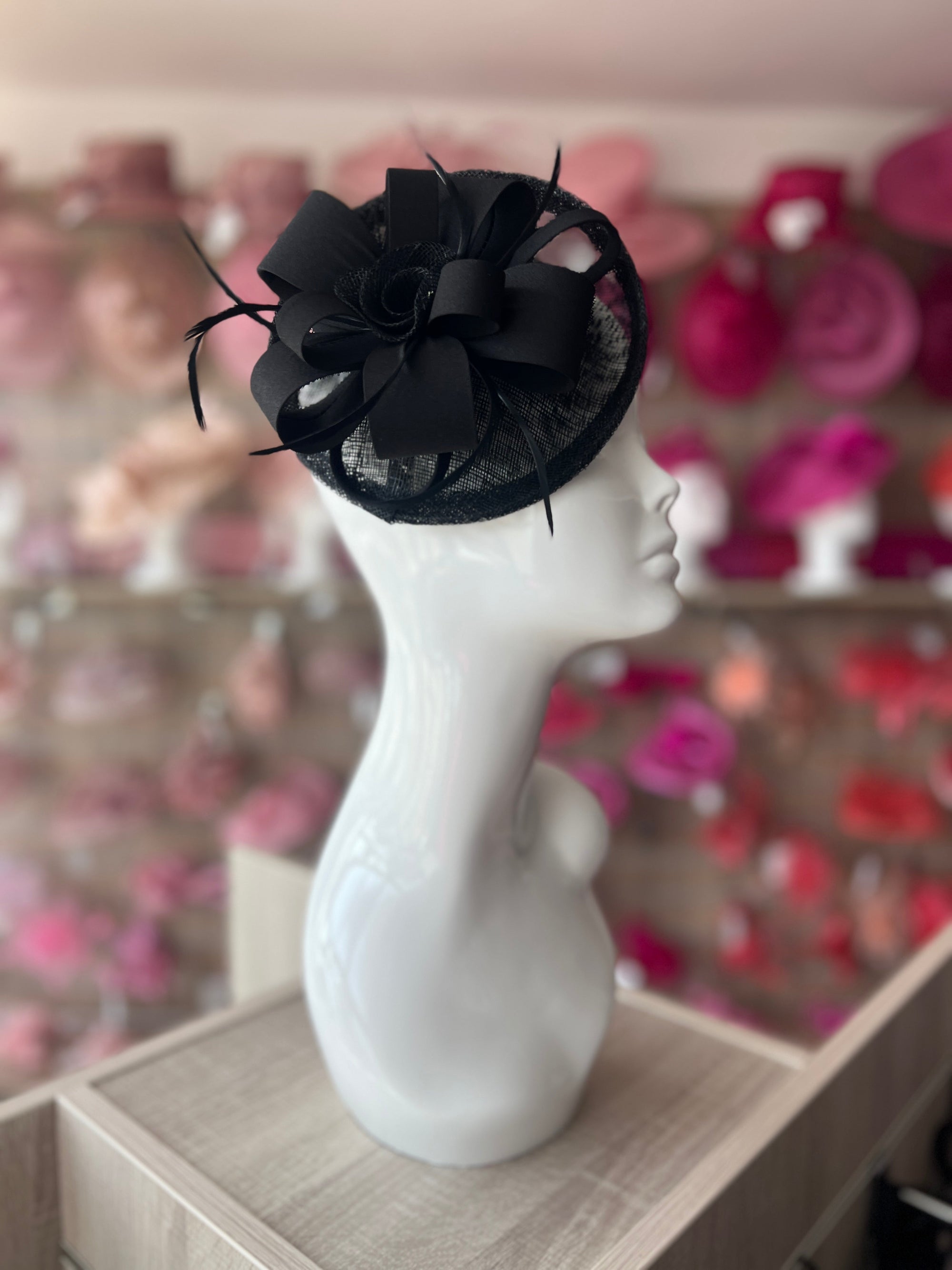 Looped Flower & Sinamay Black Disc Fascinator Hat-Fascinators Direct