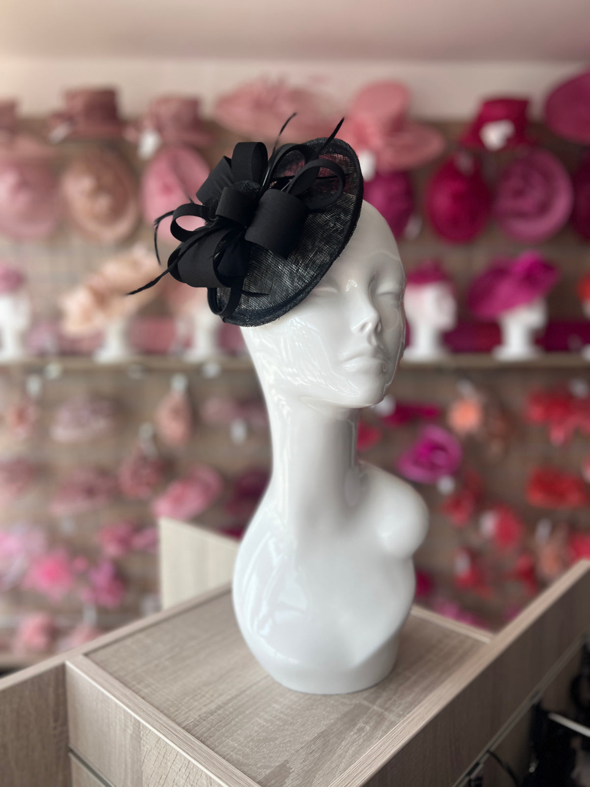 Looped Flower &amp; Sinamay Black Disc Fascinator Hat-Fascinators Direct