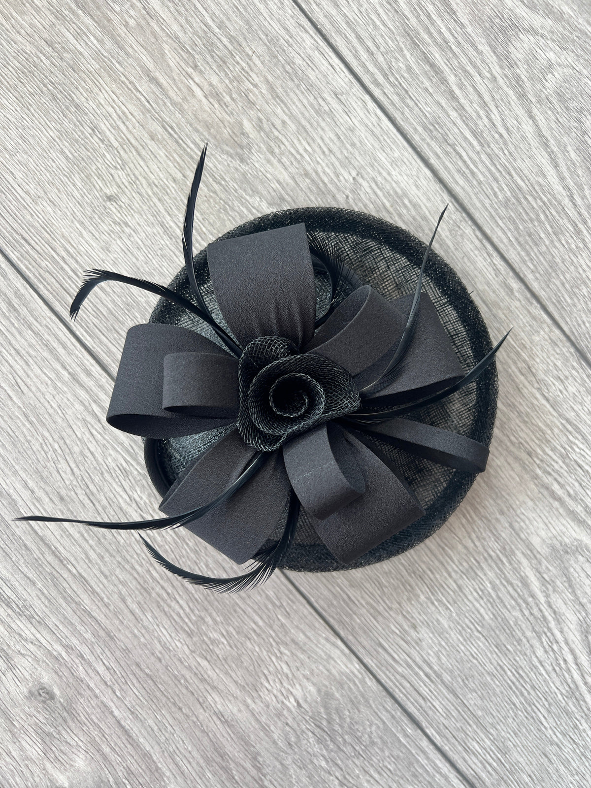 Looped Flower &amp; Sinamay Black Disc Fascinator Hat-Fascinators Direct