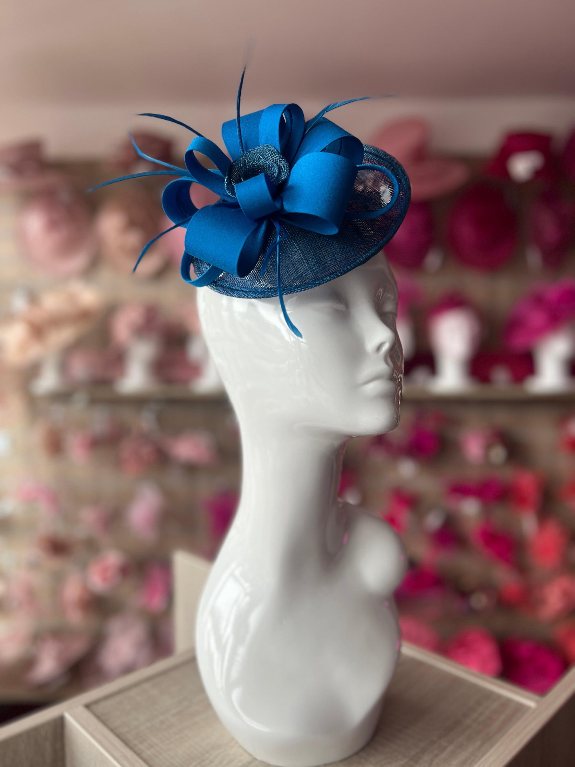 Looped Flower & Sinamay Cobalt Blue Disc Fascinator Hat-Fascinators Direct