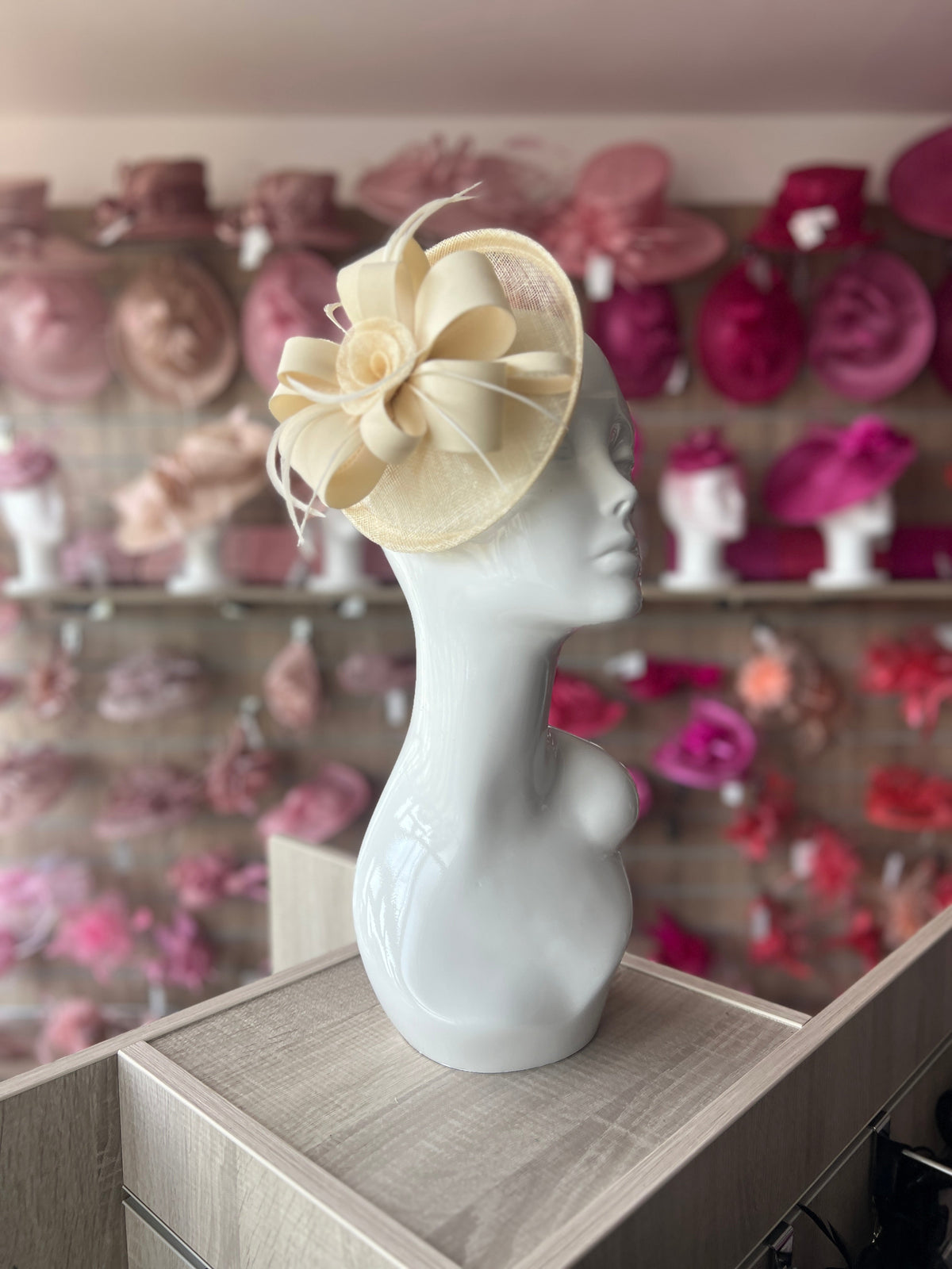 Looped Flower &amp; Sinamay Cream Disc Fascinator Hat-Fascinators Direct