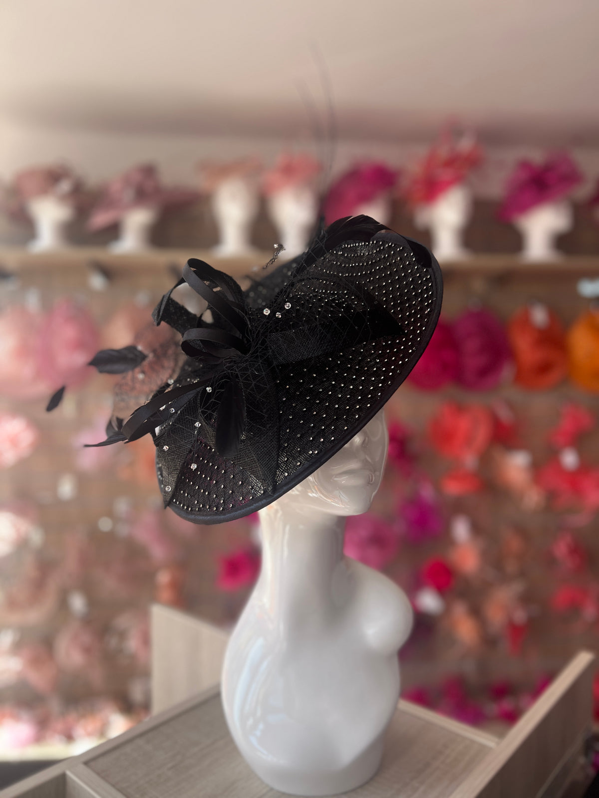 Luxury Black Hatinator with Crystal Mesh-Fascinators Direct