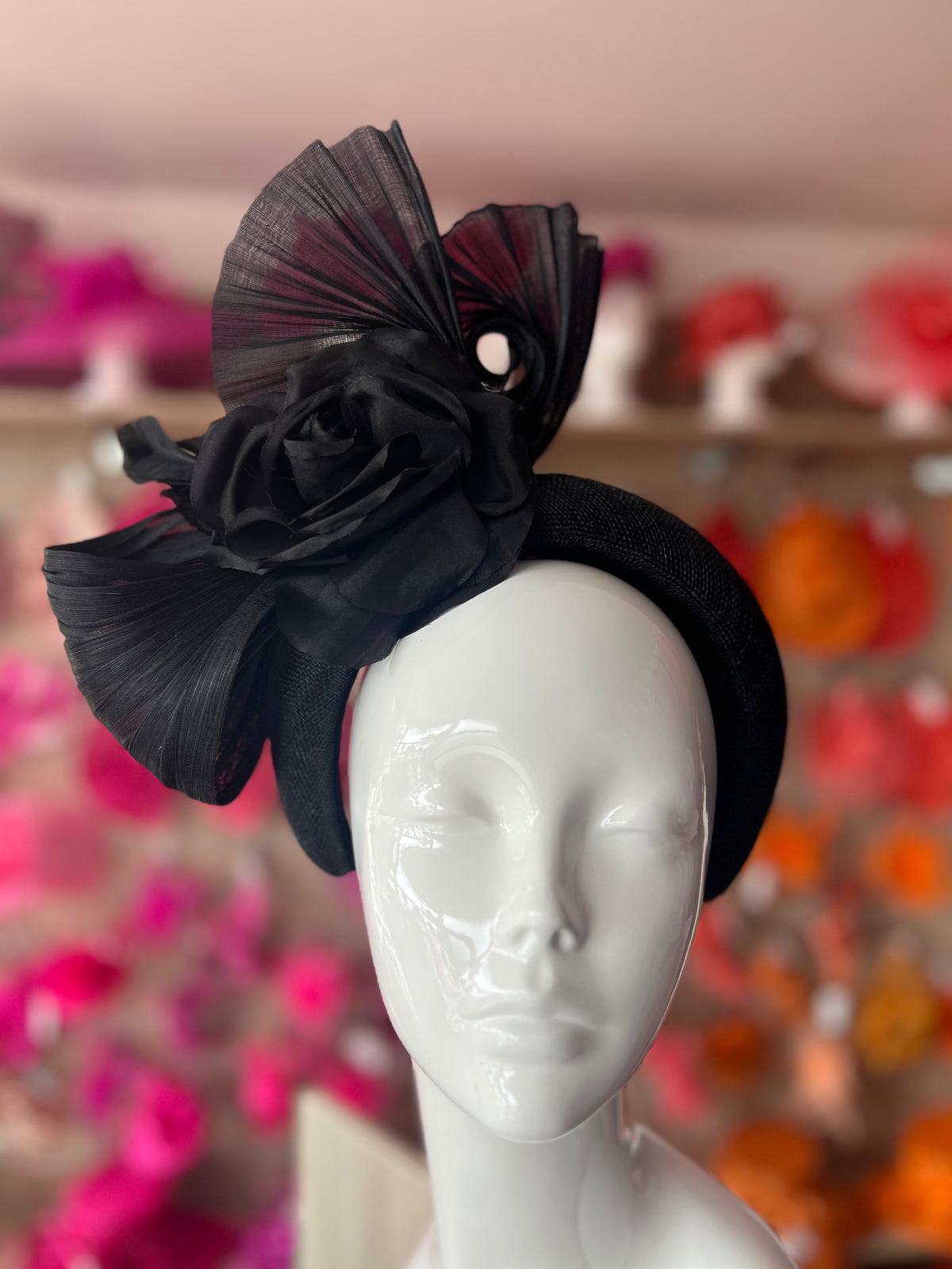 Luxury Bow with Flower Headband Fascinator- Black-Fascinators Direct