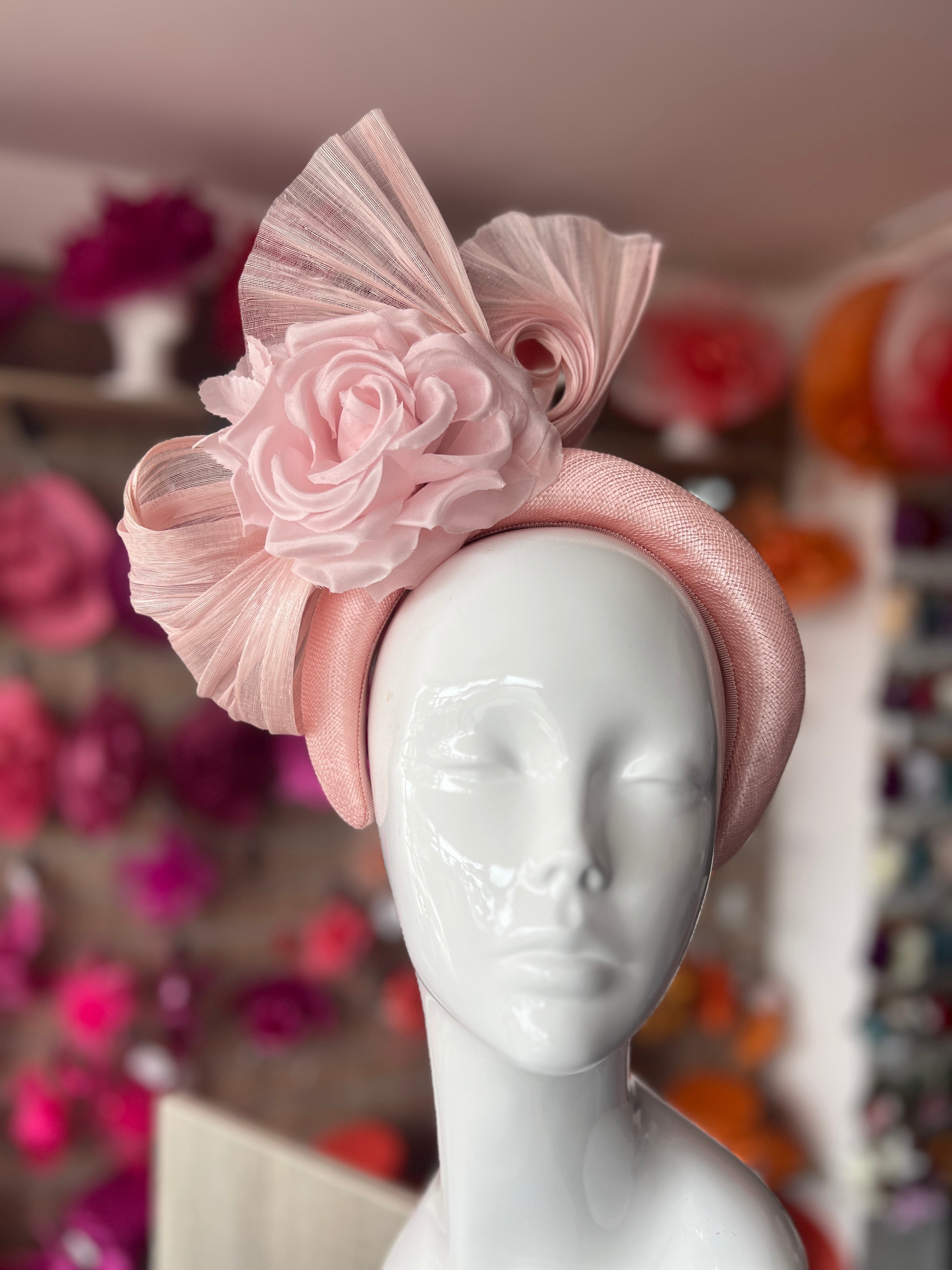 Luxury Bow with Flower Headband Fascinator- Candy Pink display picture 2