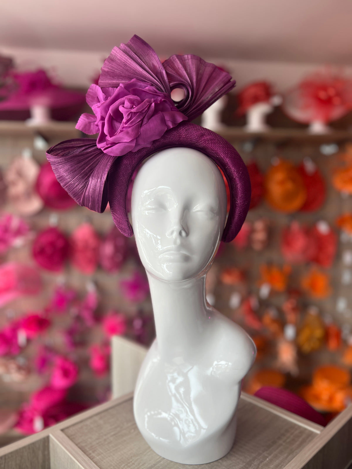 Luxury Bow with Flower Headband Fascinator- Grape-Fascinators Direct