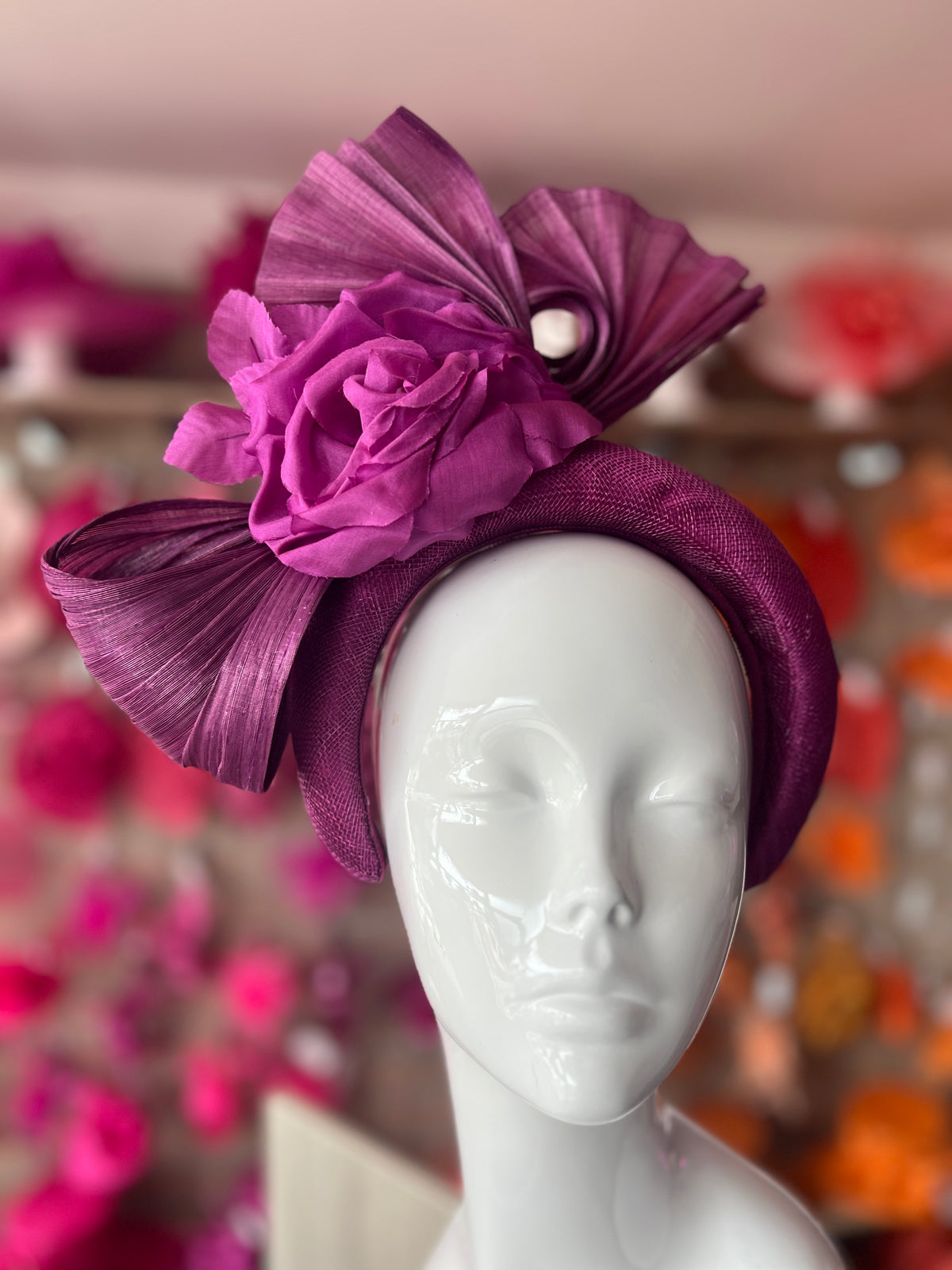 Luxury Bow with Flower Headband Fascinator- Grape-Fascinators Direct