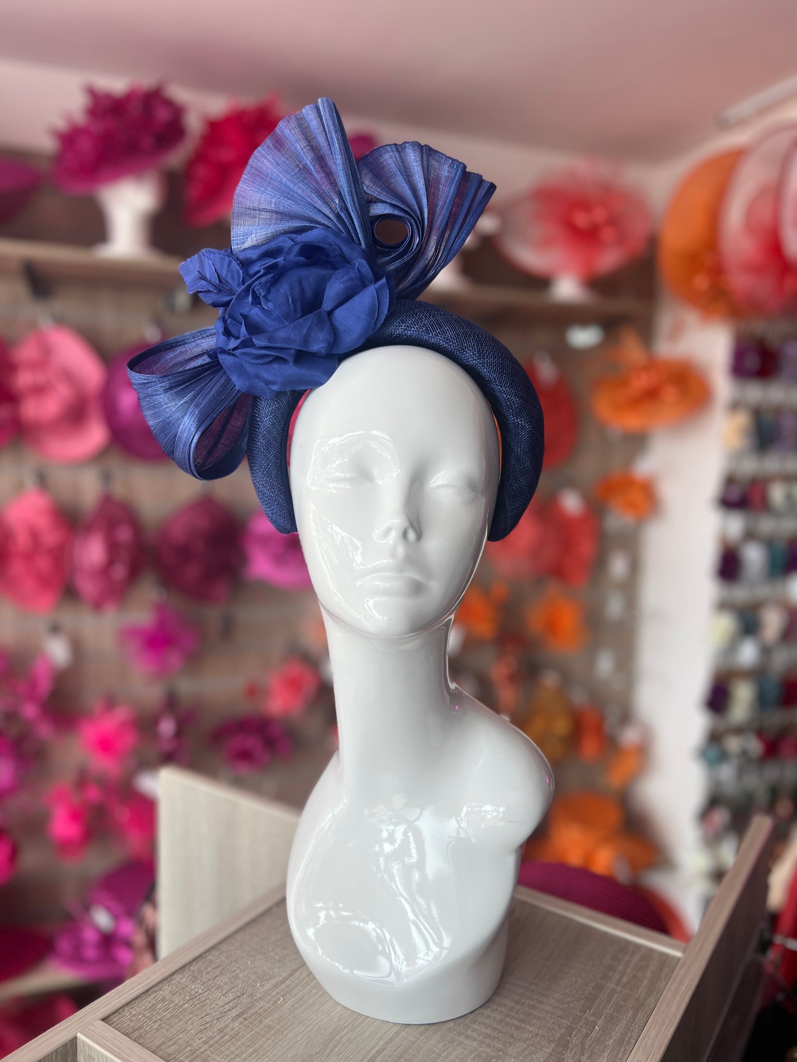 Luxury Bow with Flower Headband Fascinator-Indigo Blue-Fascinators Direct