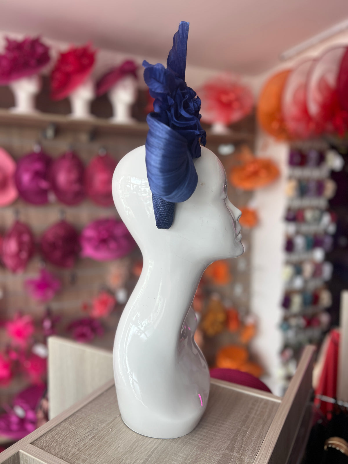 Luxury Bow with Flower Headband Fascinator-Indigo Blue-Fascinators Direct