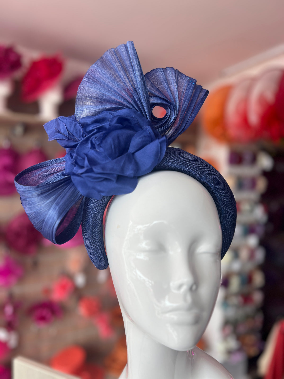 Luxury Bow with Flower Headband Fascinator-Indigo Blue-Fascinators Direct