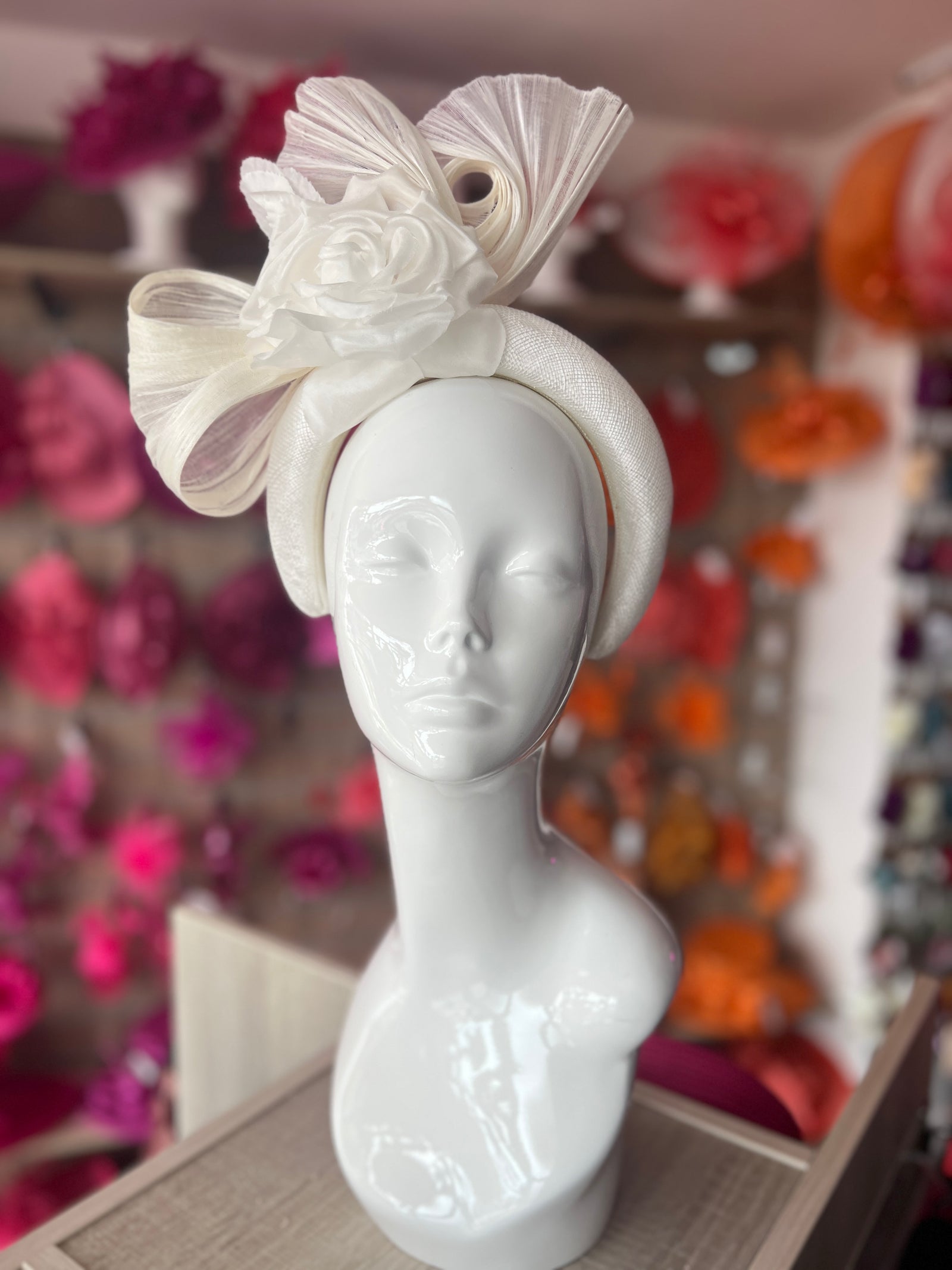 Luxury Bow with Flower Headband Fascinator- Ivory-Fascinators Direct