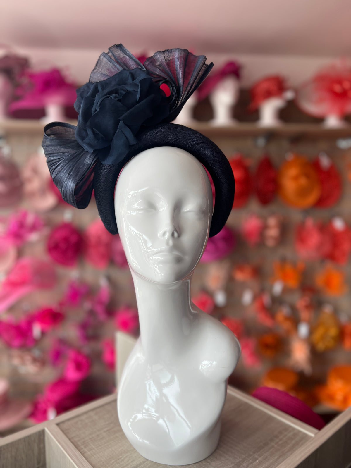 Luxury Bow with Flower Headband Fascinator- Navy-Fascinators Direct