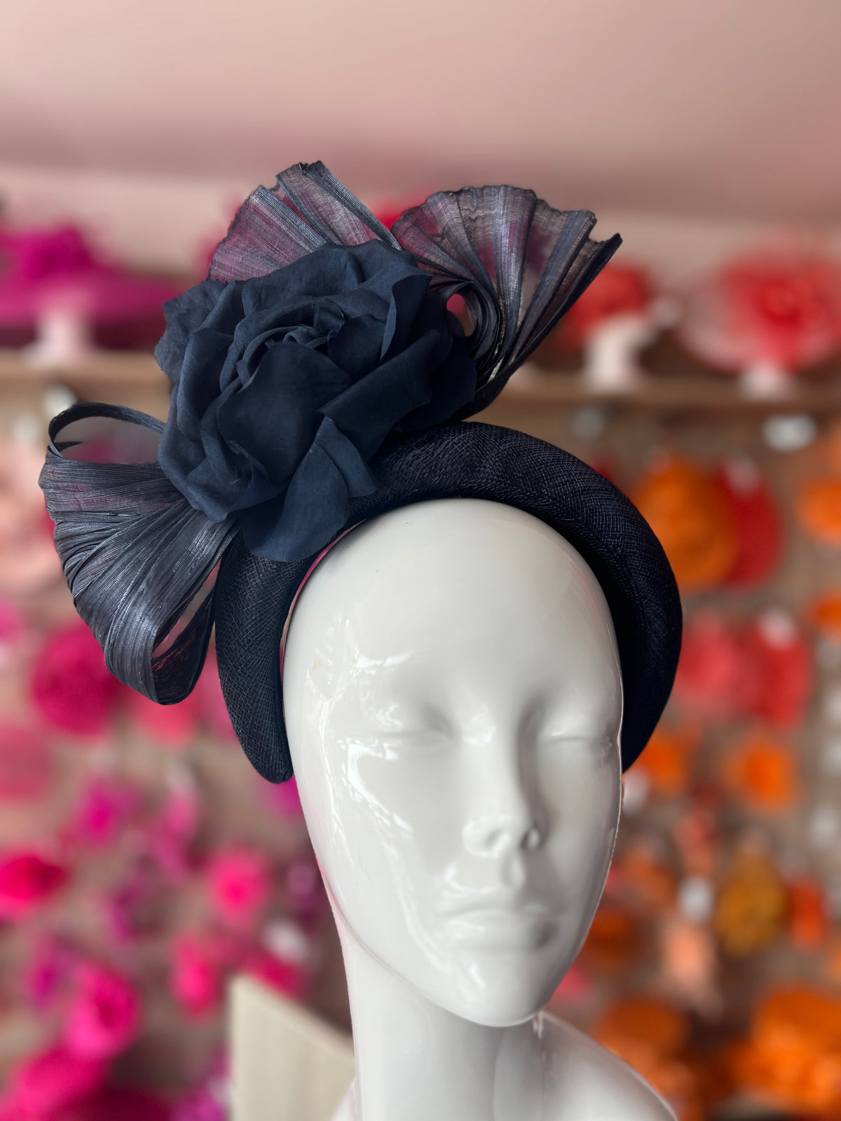 Luxury Bow with Flower Headband Fascinator- Navy-Fascinators Direct