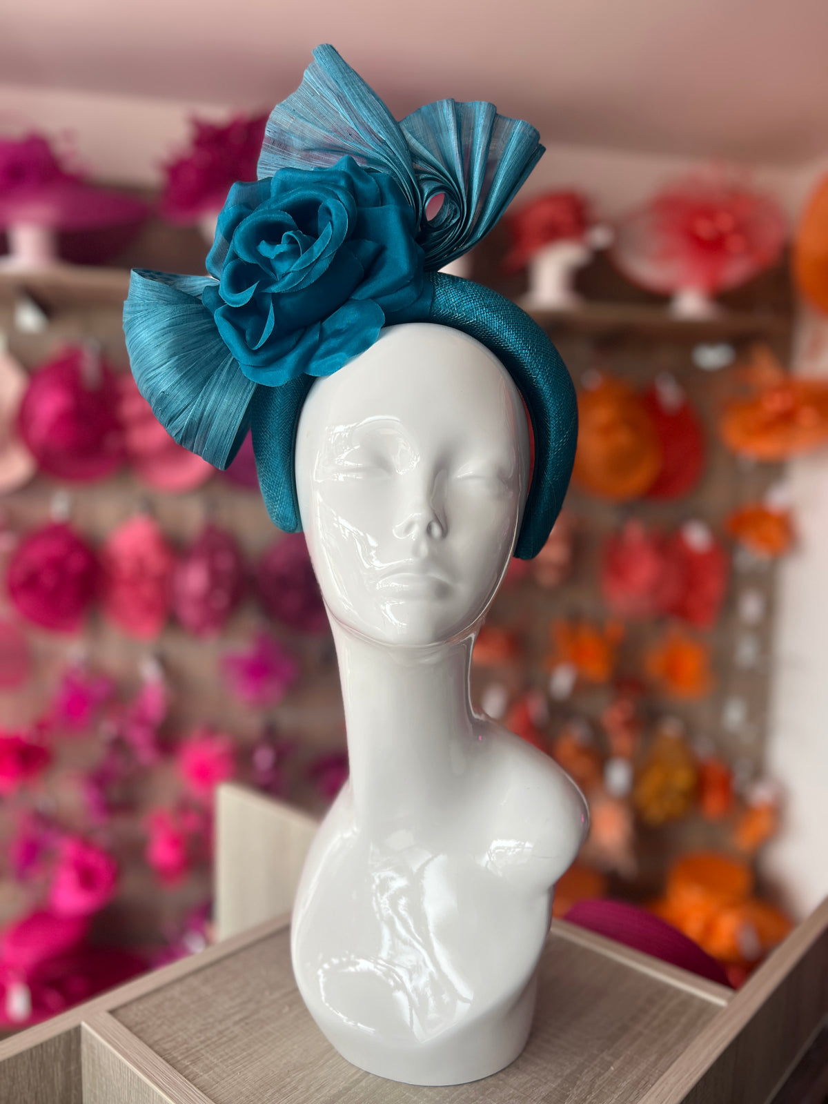 Luxury Bow with Flower Headband Fascinator- Winter Teal-Fascinators Direct