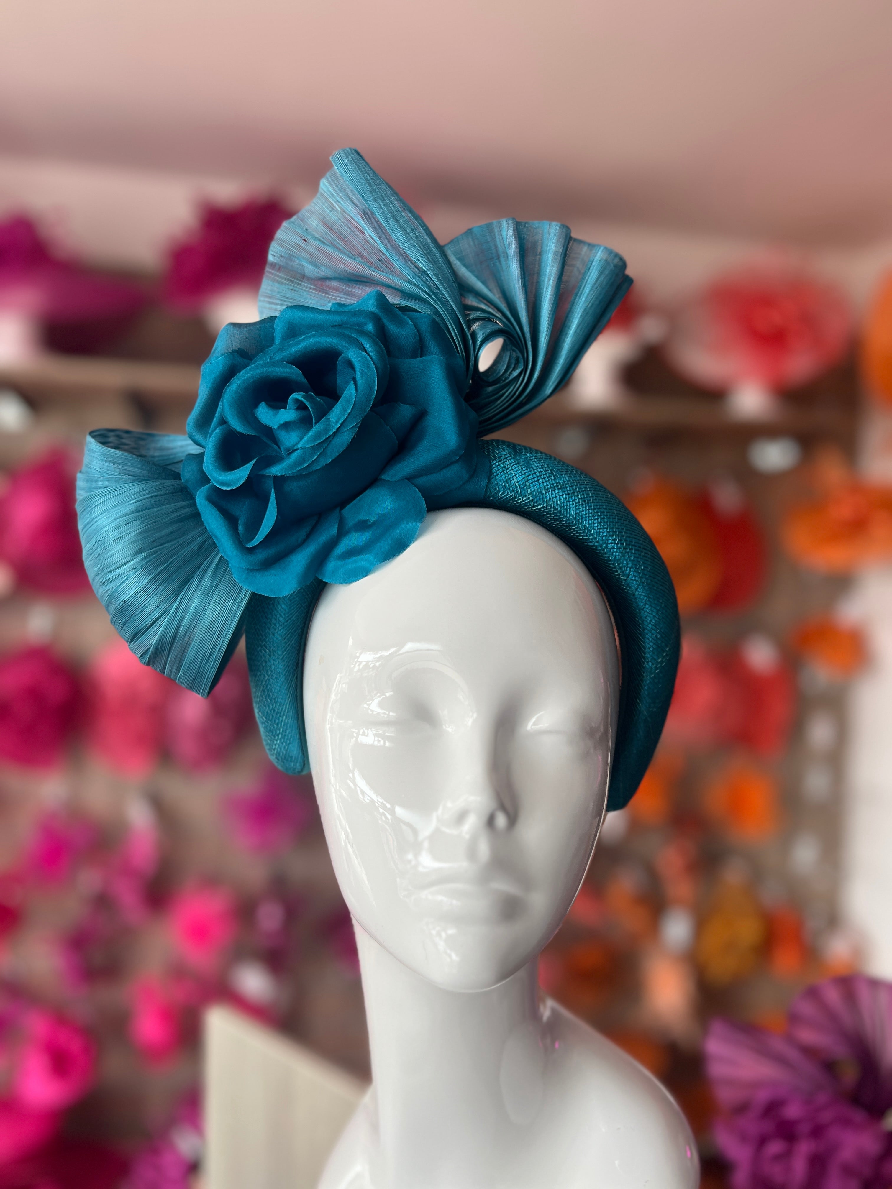 Luxury Bow with Flower Headband Fascinator- Winter Teal