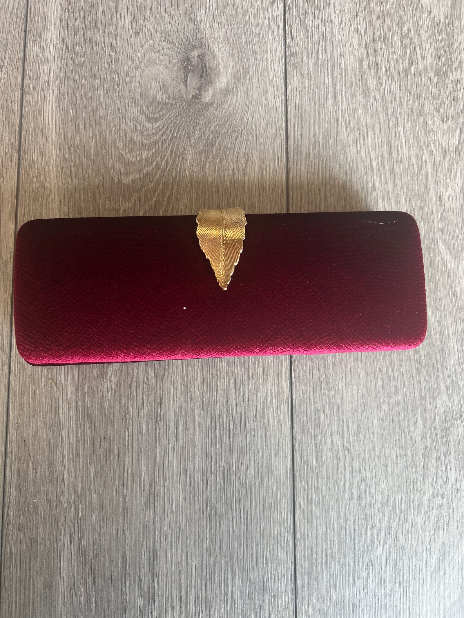 Luxury Burgundy Velvet Clutch Bag With Gold Leaf Detail-Fascinators Direct