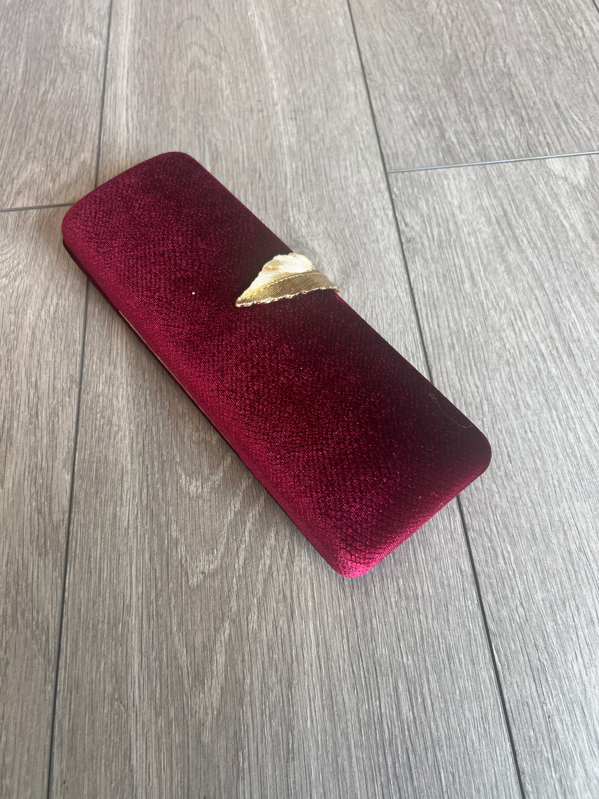 Luxury Burgundy Velvet Clutch Bag With Gold Leaf Detail-Fascinators Direct