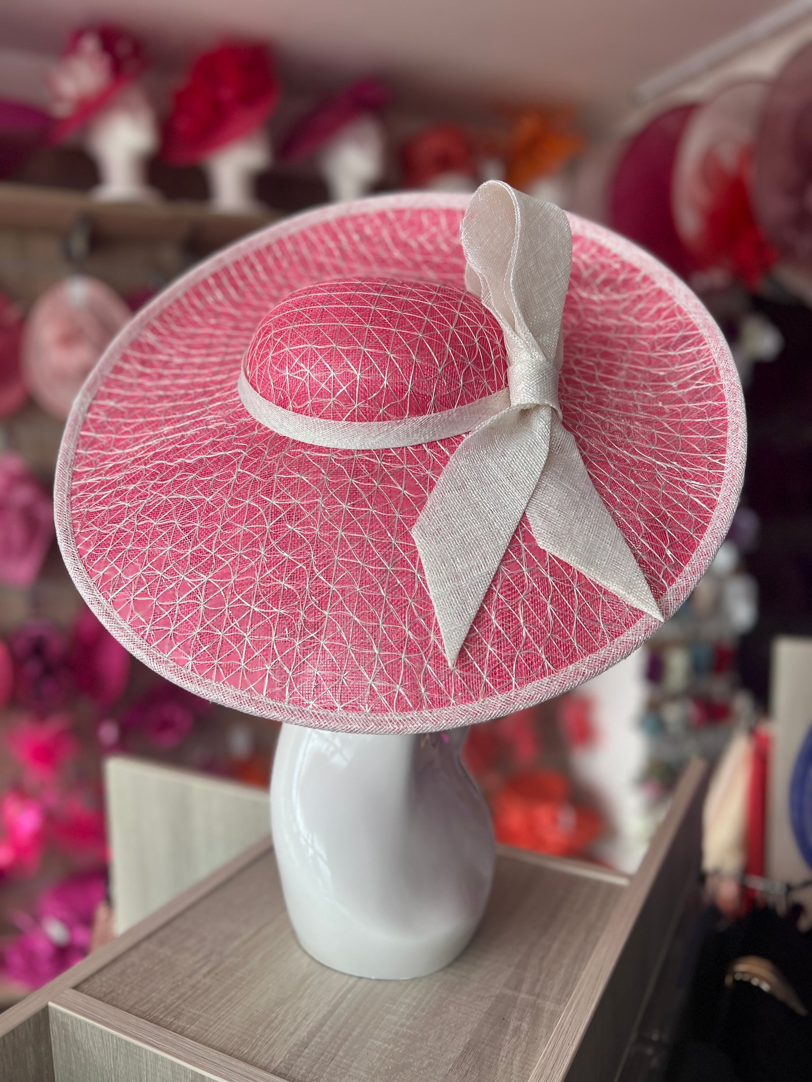 Luxury Cerise & Lurex White Large Hatinator With Bow-Fascinators Direct