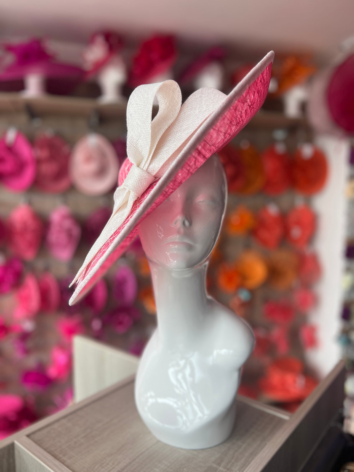 Luxury Cerise &amp; Lurex White Large Hatinator With Bow-Fascinators Direct
