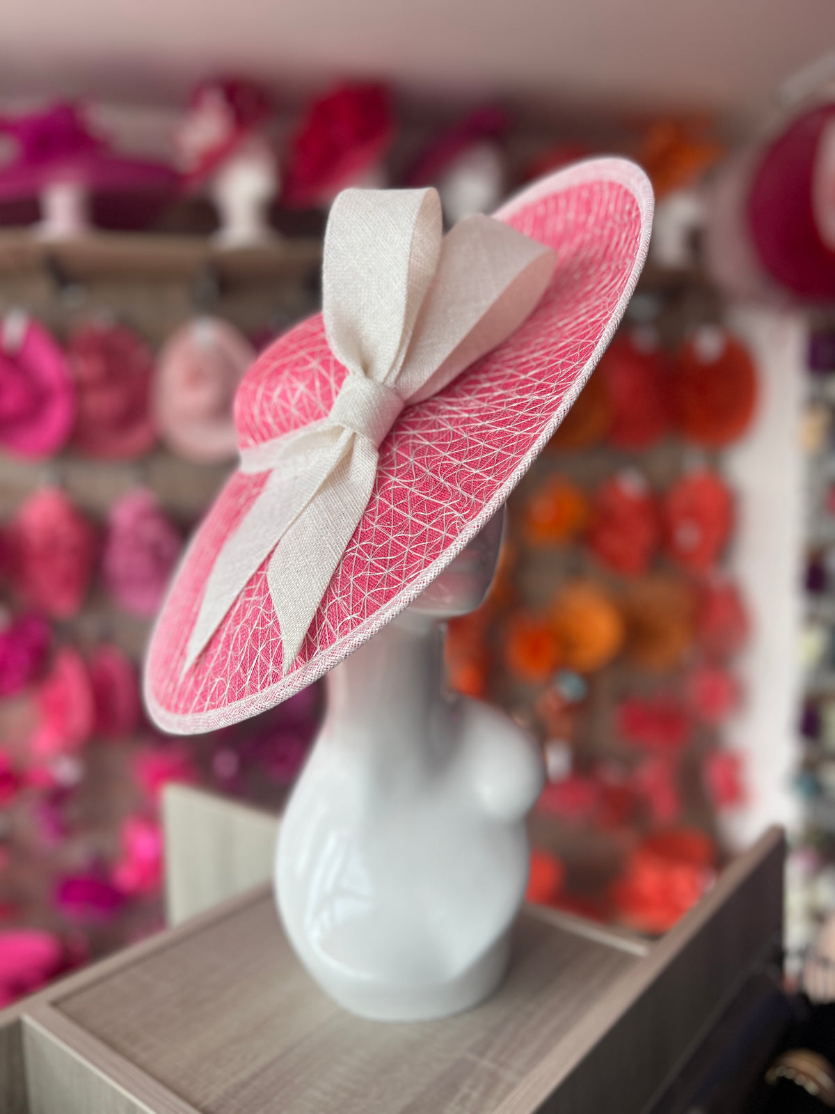 Luxury Cerise &amp; Lurex White Large Hatinator With Bow-Fascinators Direct