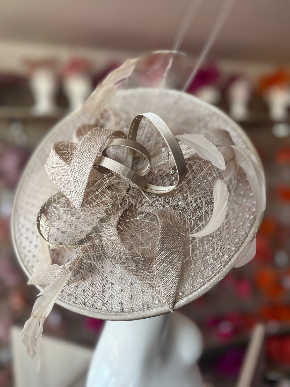 Luxury Champagne Hatinator with Crystal Mesh-Fascinators Direct