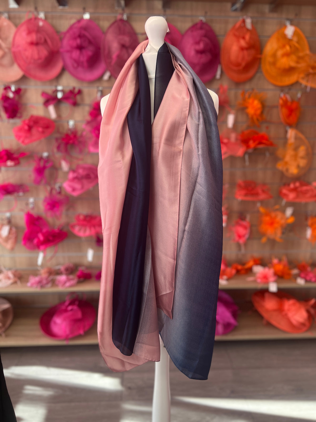 Luxury Dusky Pink &amp; Navy Ombre Silk Scarf-Fascinators Direct