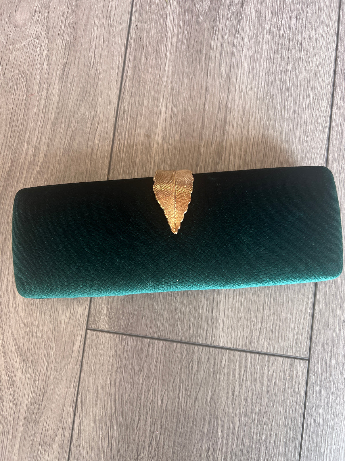 Luxury Emerald Green Velvet Clutch Bag With Gold Leaf Detail-Fascinators Direct