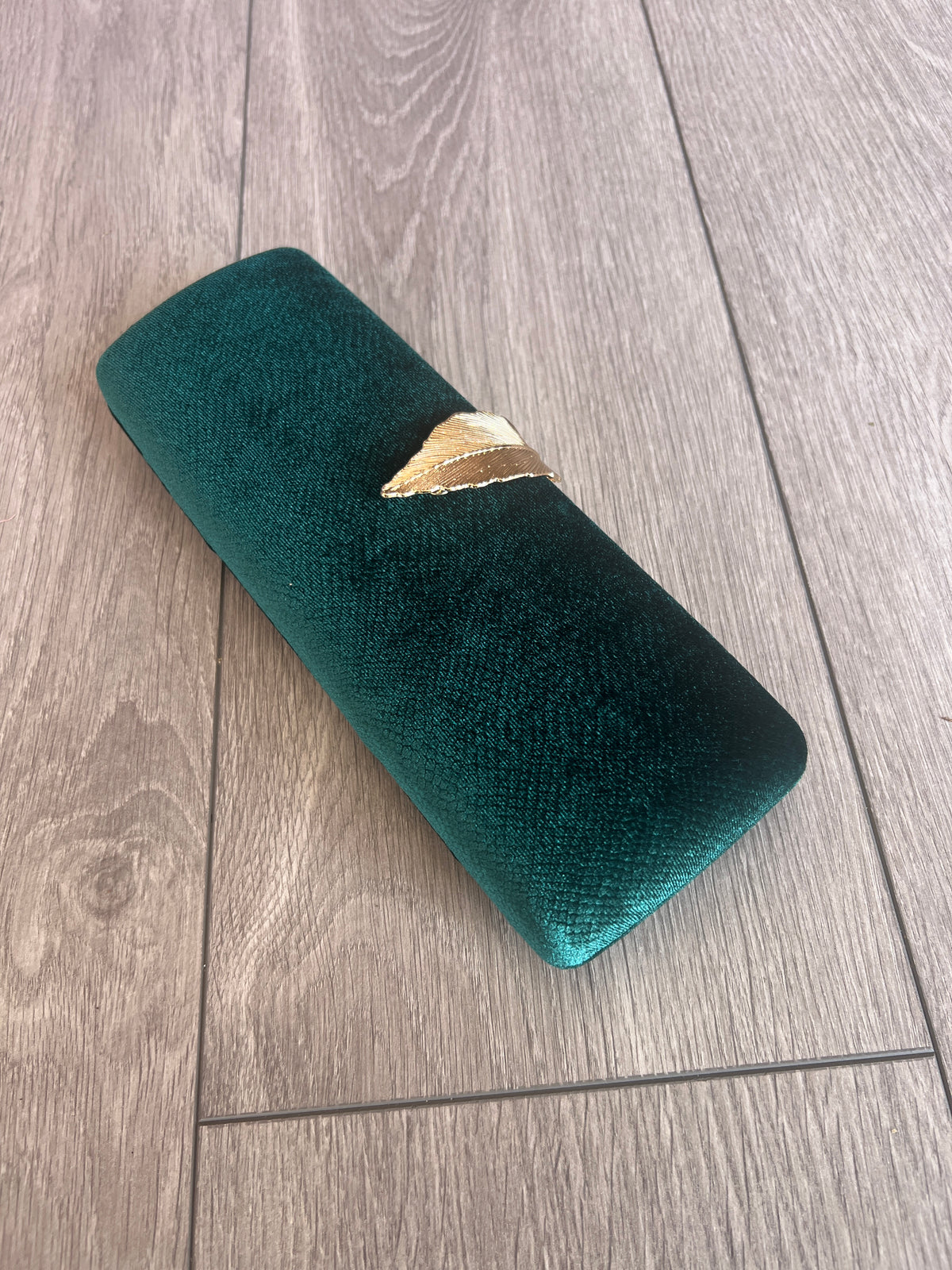 Luxury Emerald Green Velvet Clutch Bag With Gold Leaf Detail-Fascinators Direct
