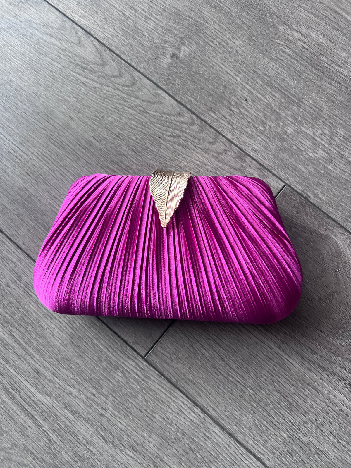 Luxury Fuchsia Pink Pleated Satin Clutch Bag With Gold Leaf Detail-Fascinators Direct