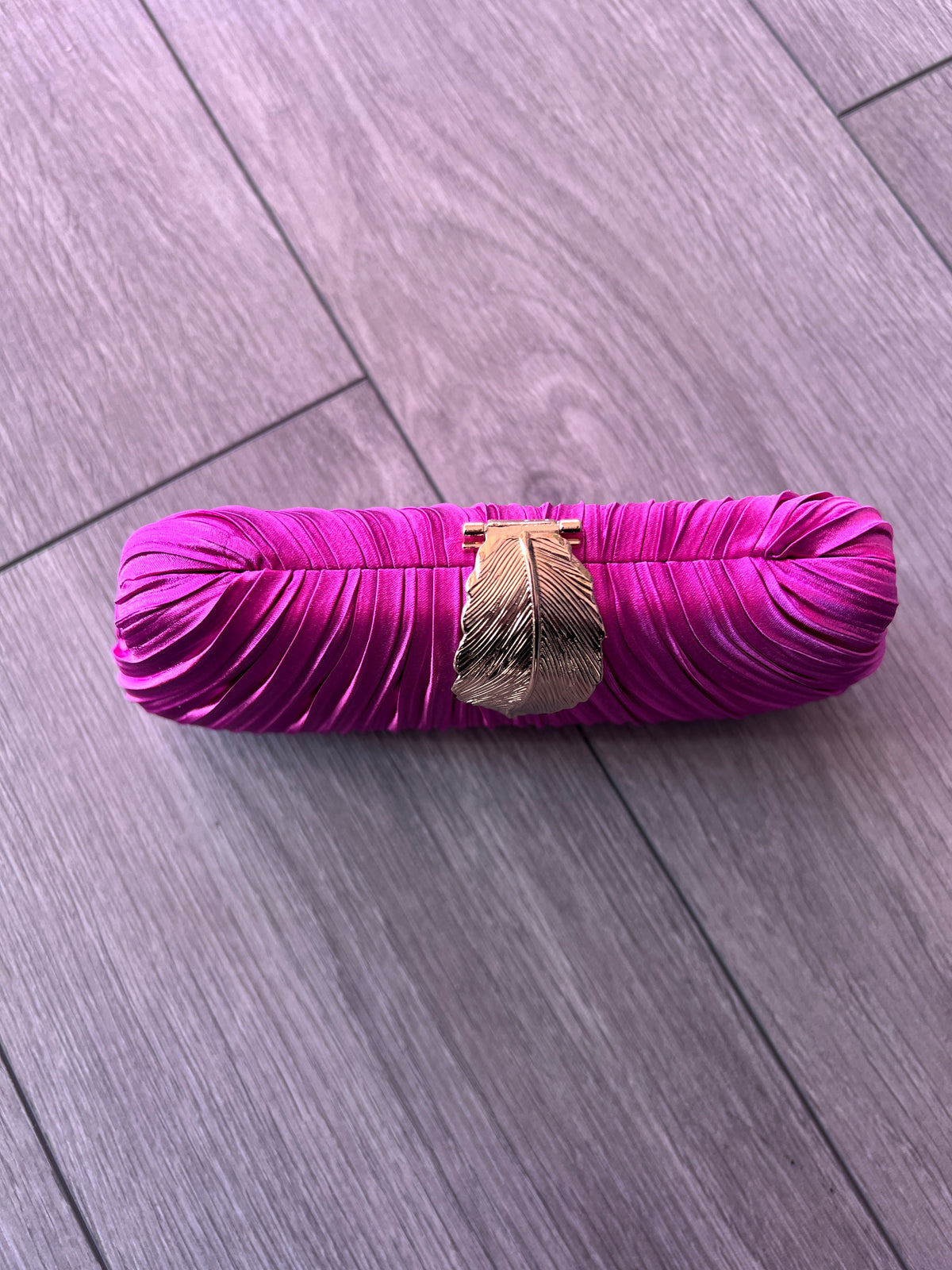 Luxury Fuchsia Pink Pleated Satin Clutch Bag With Gold Leaf Detail-Fascinators Direct