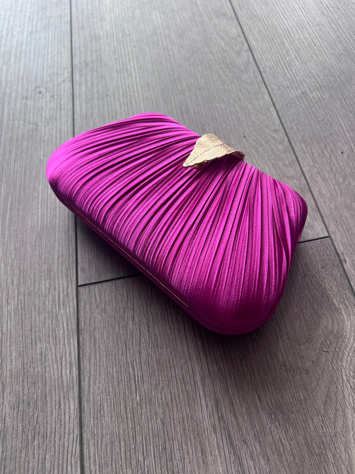 Luxury Fuchsia Pink Pleated Satin Clutch Bag With Gold Leaf Detail-Fascinators Direct