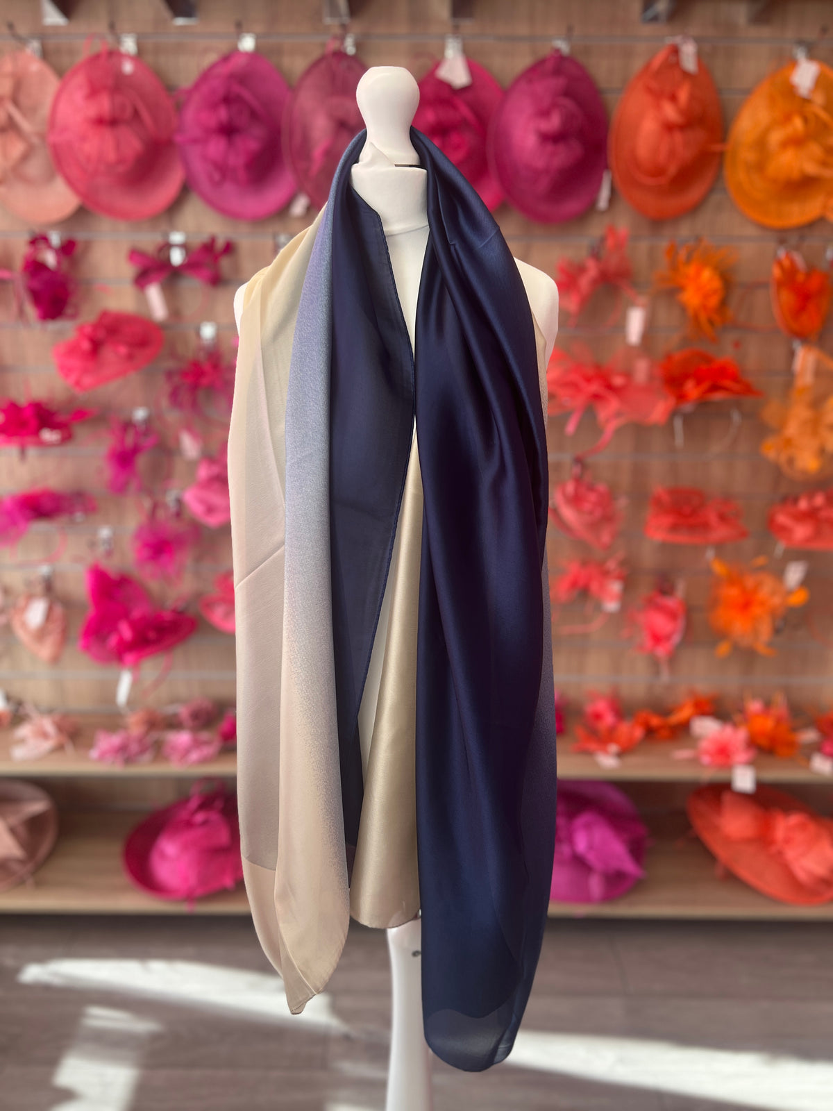 Luxury Navy &amp; Cream Ombre Silk Scarf-Fascinators Direct