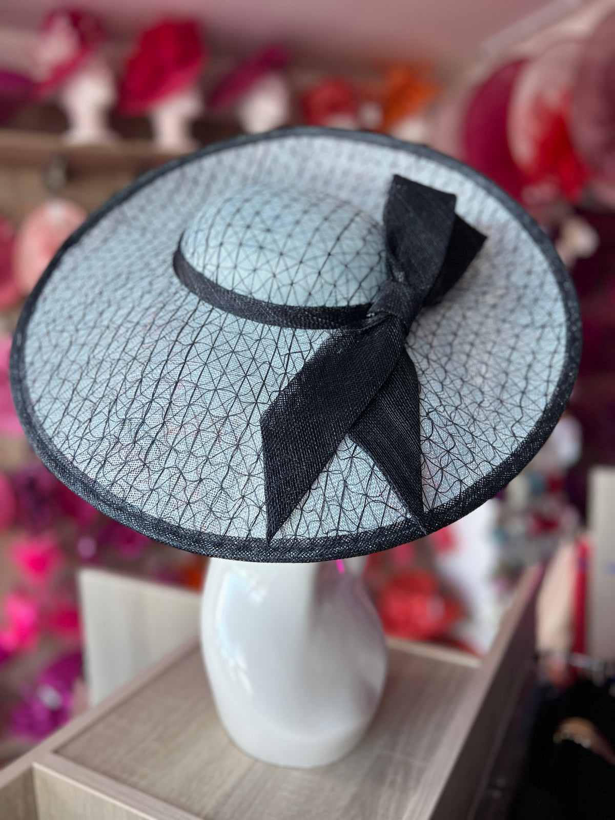 Luxury Powder Blue &amp; Navy Large Hatinator With Bow-Fascinators Direct