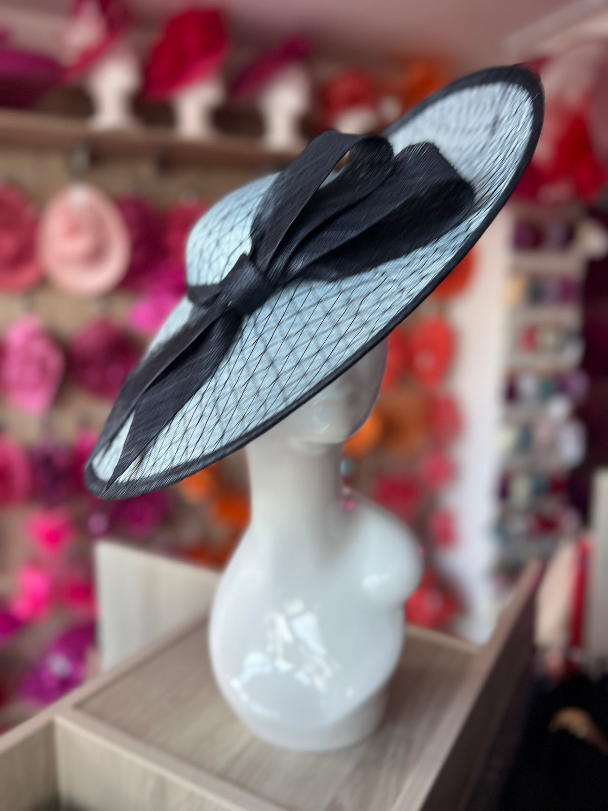 Luxury Powder Blue &amp; Navy Large Hatinator With Bow-Fascinators Direct