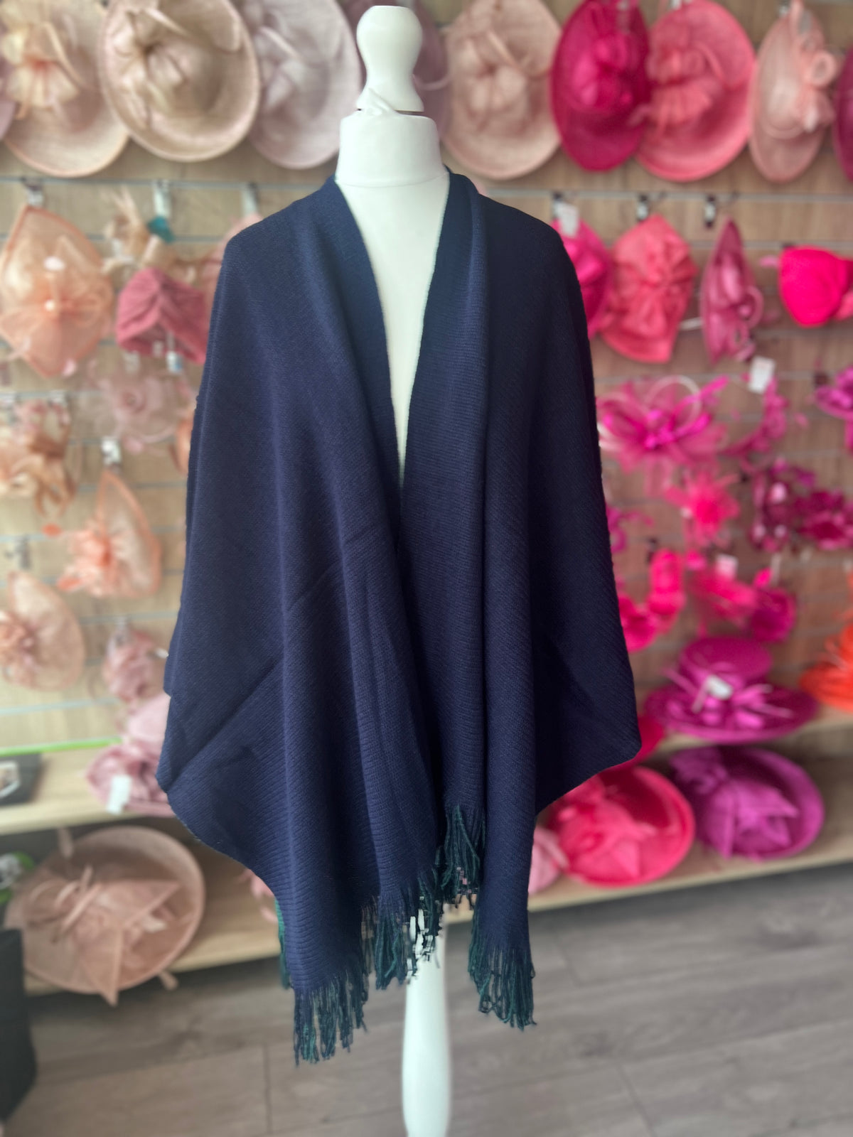 Luxury Reversible Knitted Shawl - Green &amp; Navy-Fascinators Direct