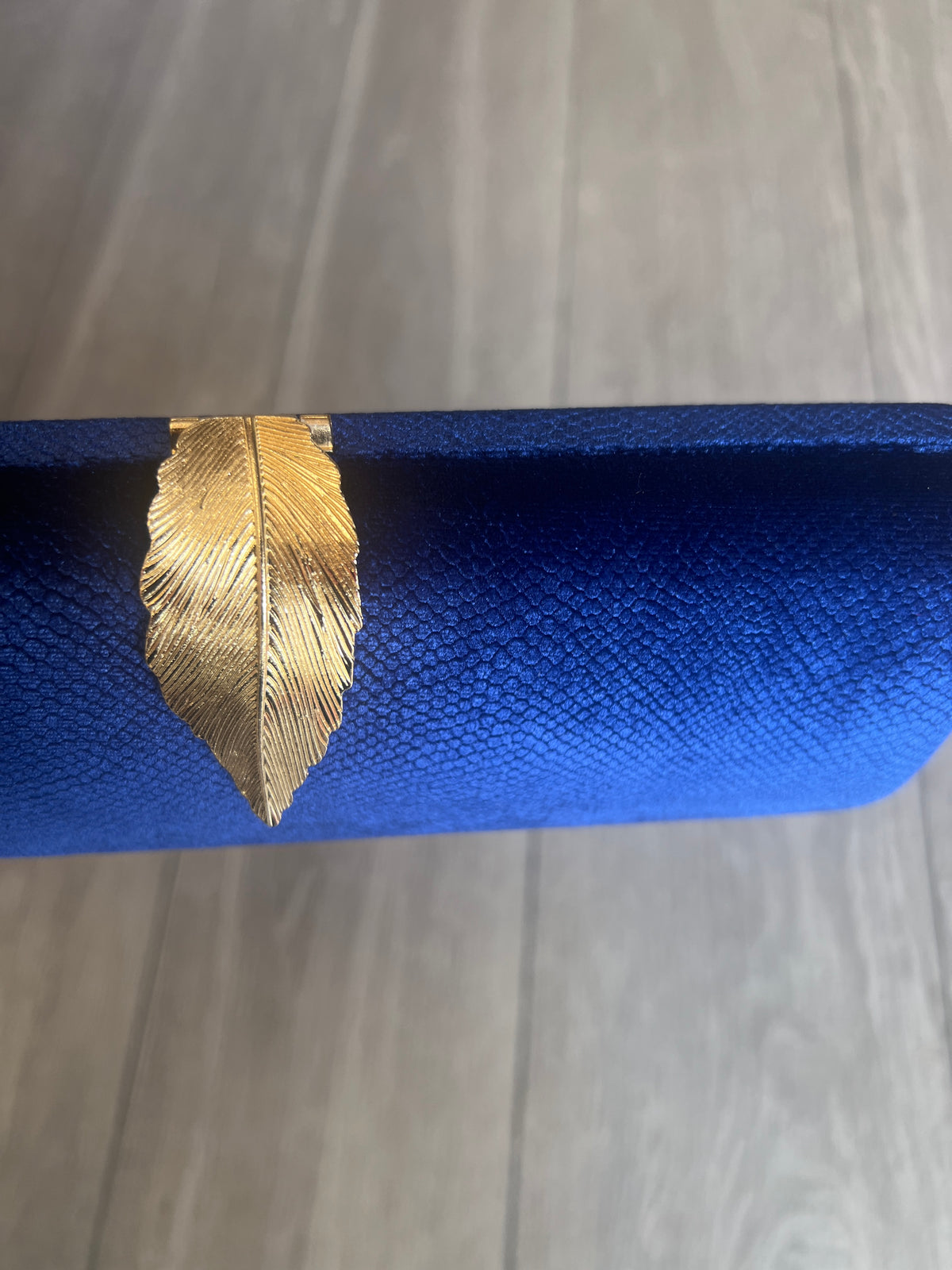 Luxury Royal Blue Velvet Clutch Bag With Gold Leaf Detail-Fascinators Direct