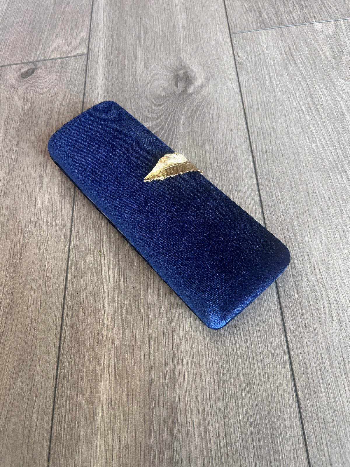 Luxury Royal Blue Velvet Clutch Bag With Gold Leaf Detail-Fascinators Direct