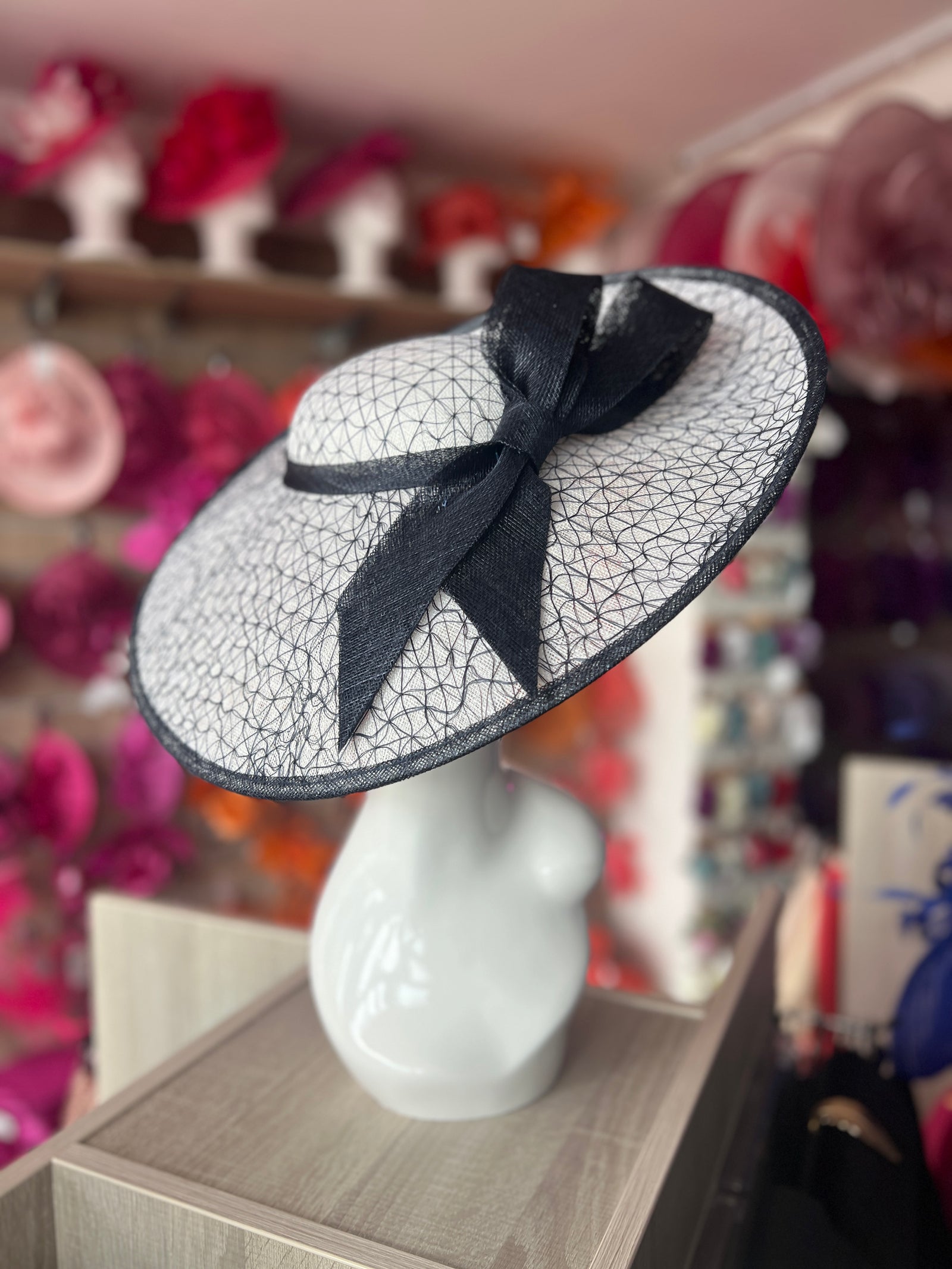 Luxury White & Navy Large Hatinator With Bow-Fascinators Direct