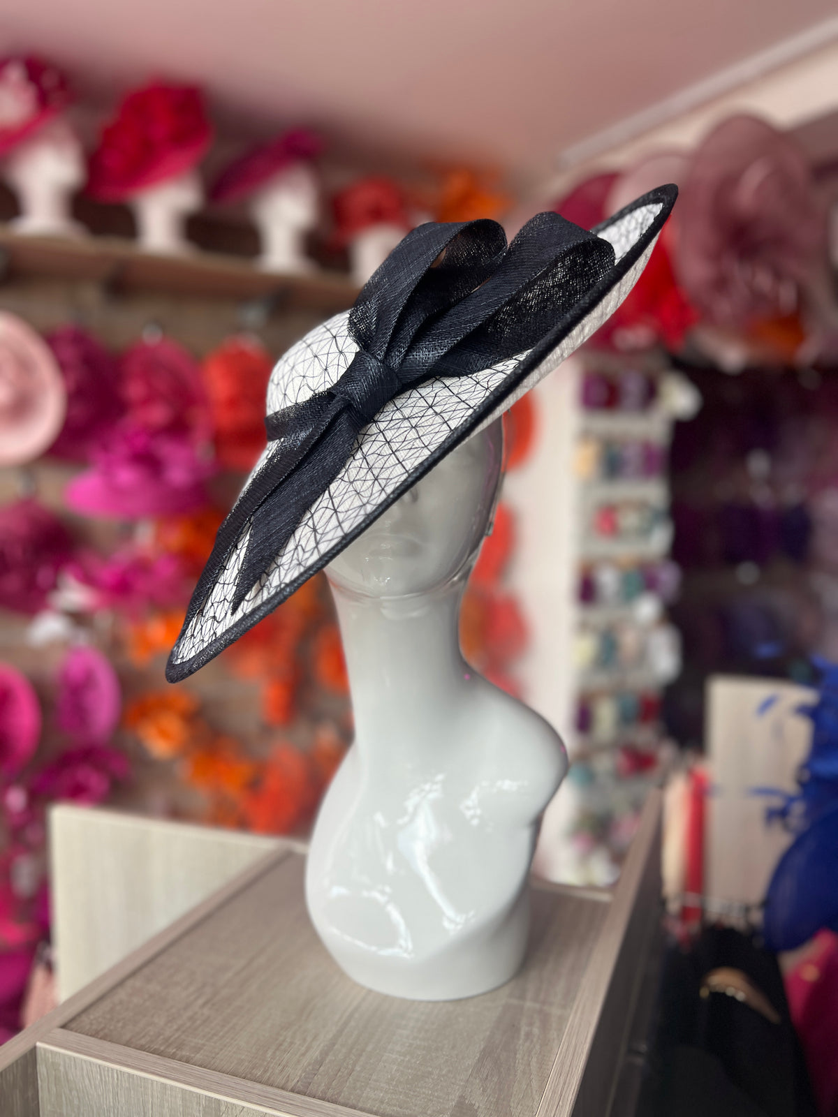 Luxury White &amp; Navy Large Hatinator With Bow-Fascinators Direct