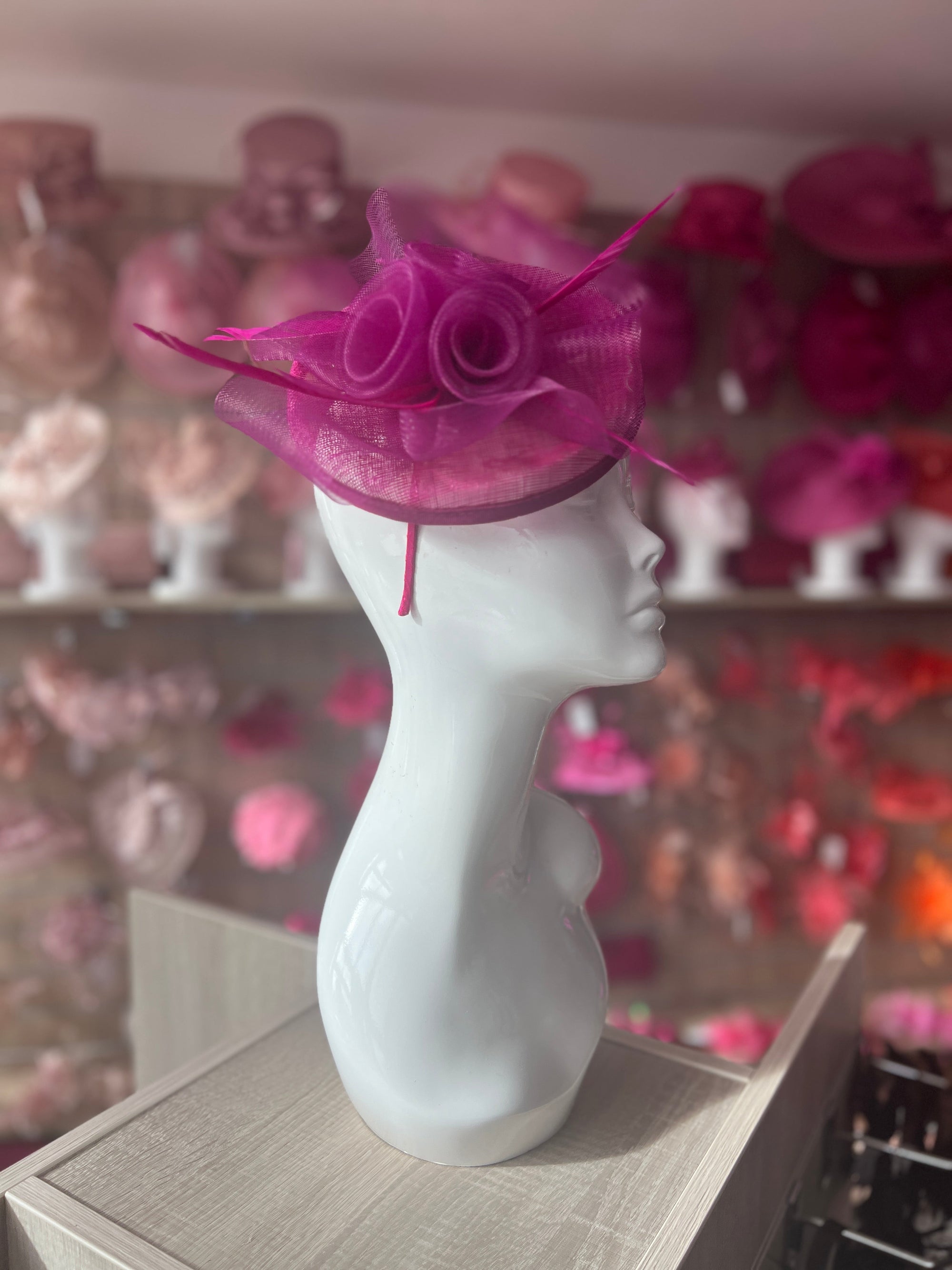 Magenta Disc Fascinator With Floral Design & Feathers-Fascinators Direct