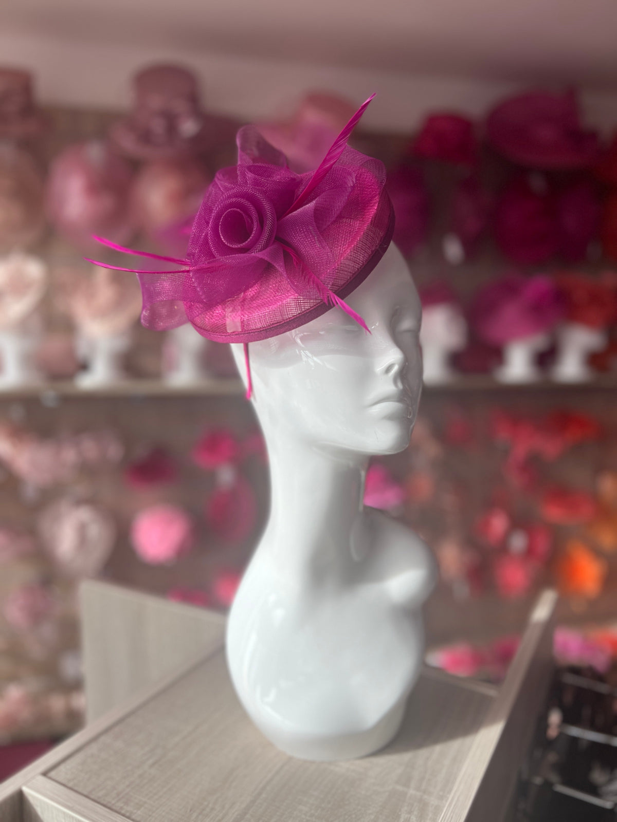 Magenta Disc Fascinator With Floral Design &amp; Feathers-Fascinators Direct