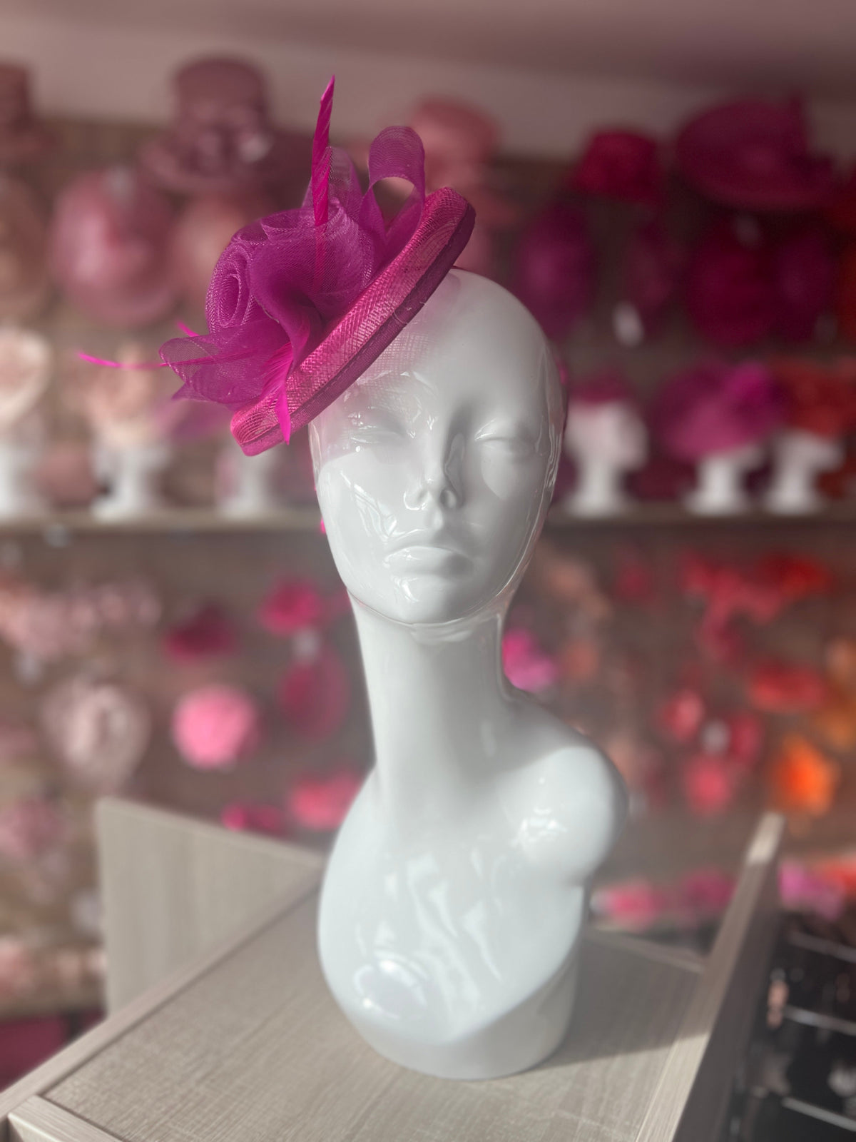 Magenta Disc Fascinator With Floral Design &amp; Feathers-Fascinators Direct