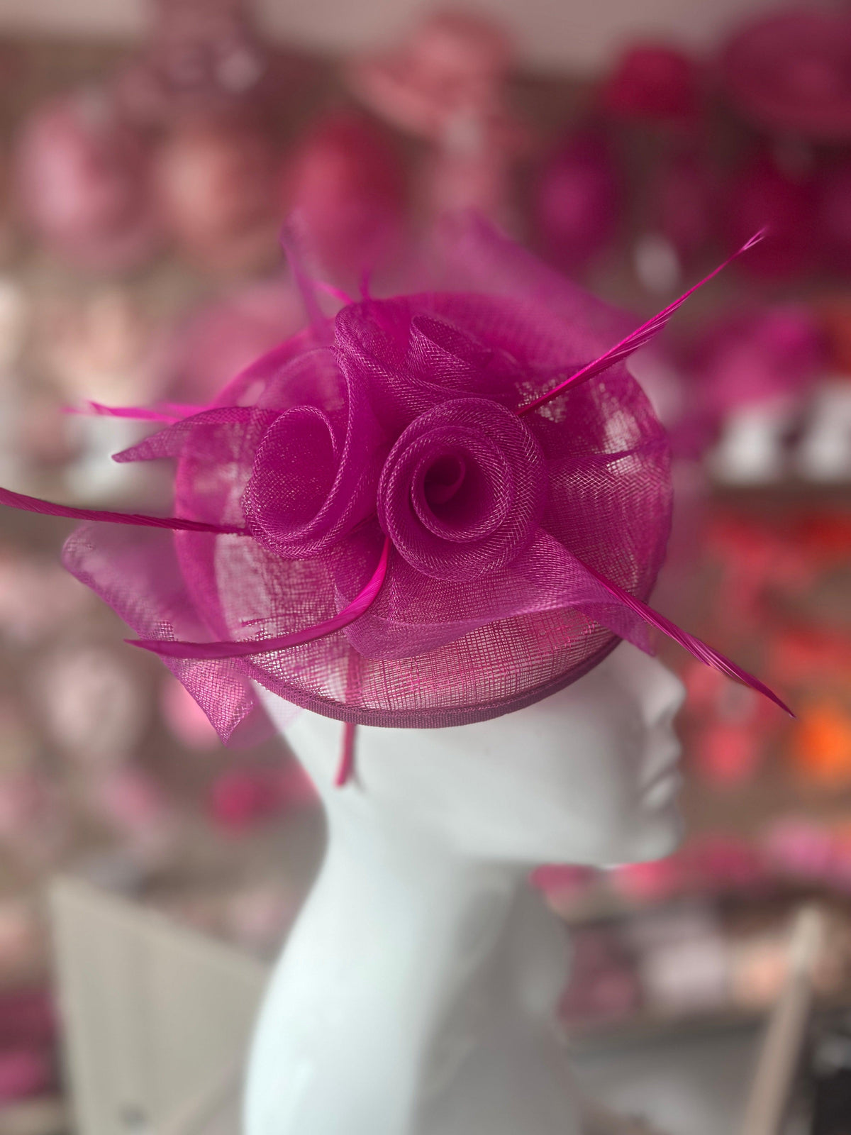 Magenta Disc Fascinator With Floral Design &amp; Feathers-Fascinators Direct