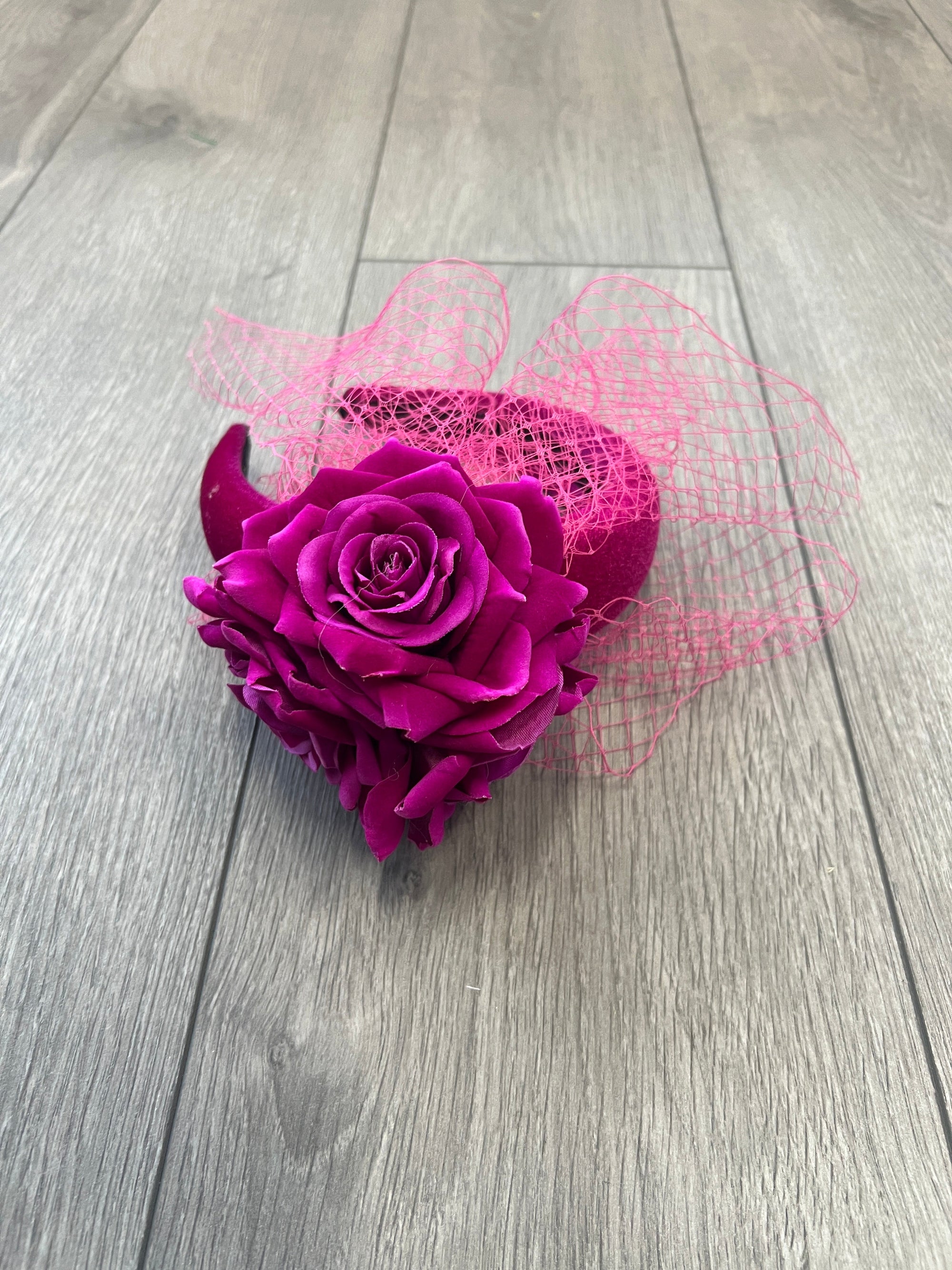 Magenta Rose & Netting Chunky Headband Fascinator-Fascinators Direct