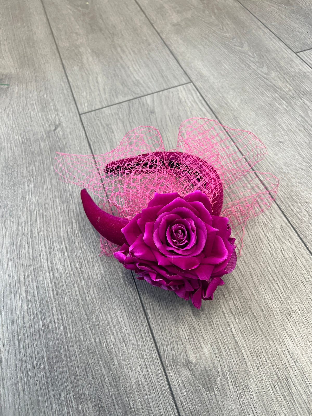 Magenta Rose &amp; Netting Chunky Headband Fascinator-Fascinators Direct