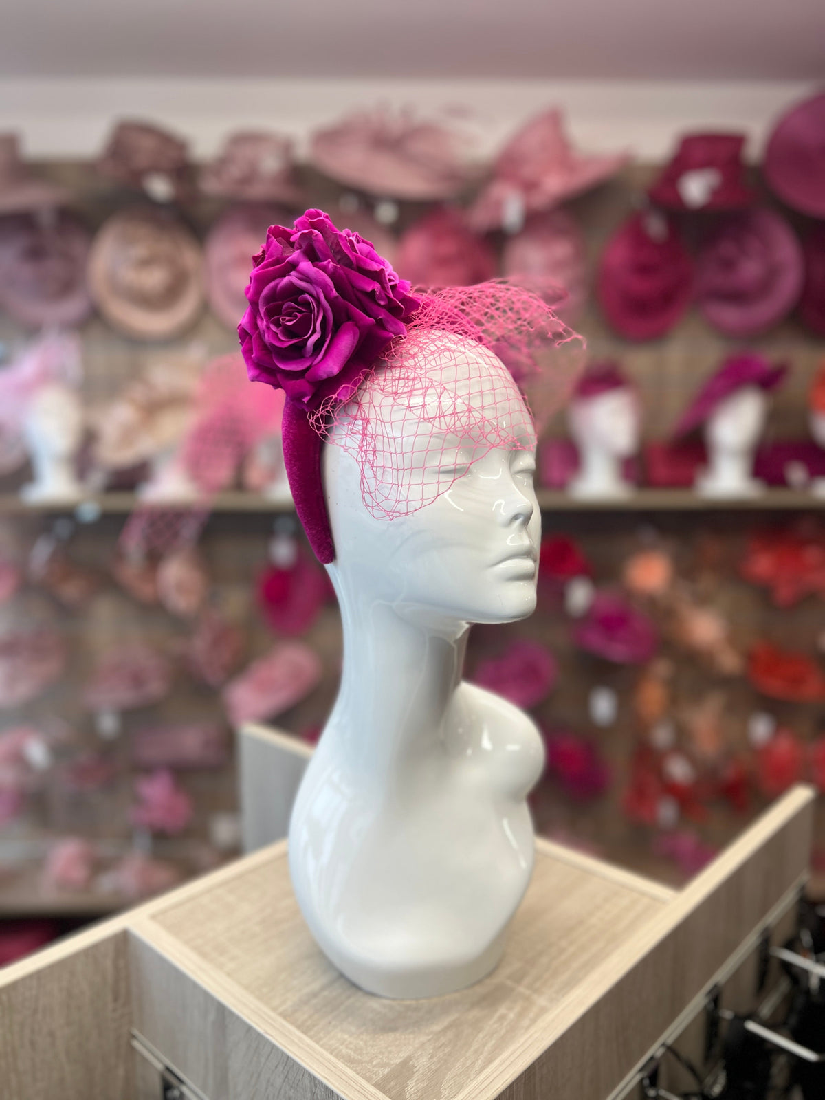 Magenta Rose &amp; Netting Chunky Headband Fascinator-Fascinators Direct