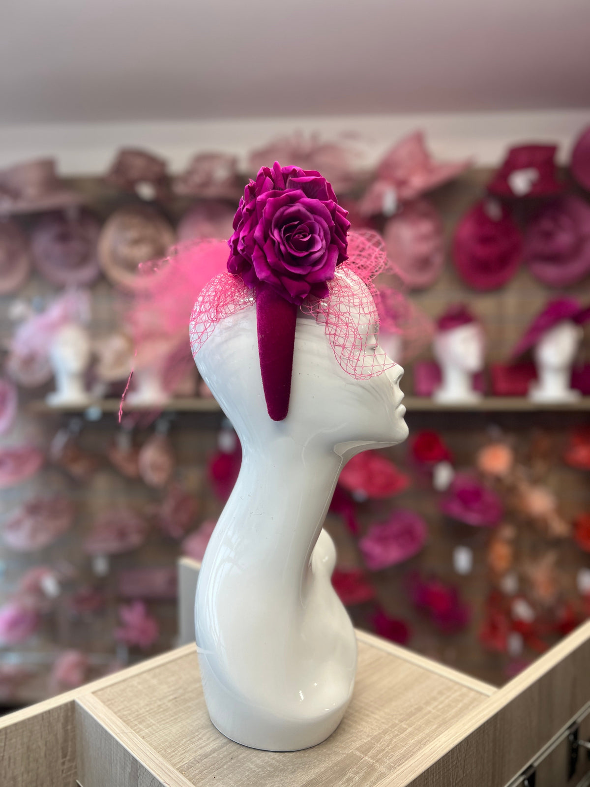 Magenta Rose &amp; Netting Chunky Headband Fascinator-Fascinators Direct